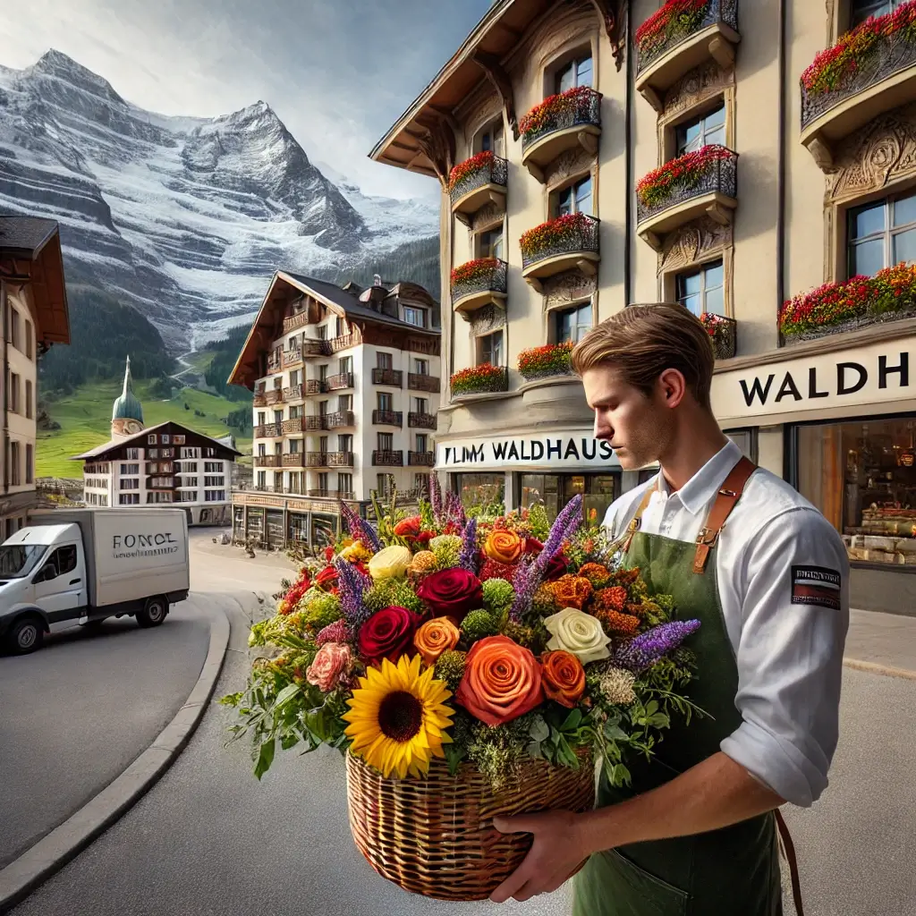 Blumenlieferung in Flims Waldhaus – Frischer Blumenstrauss wird vor einem Hotel mit Bergpanorama überreicht.