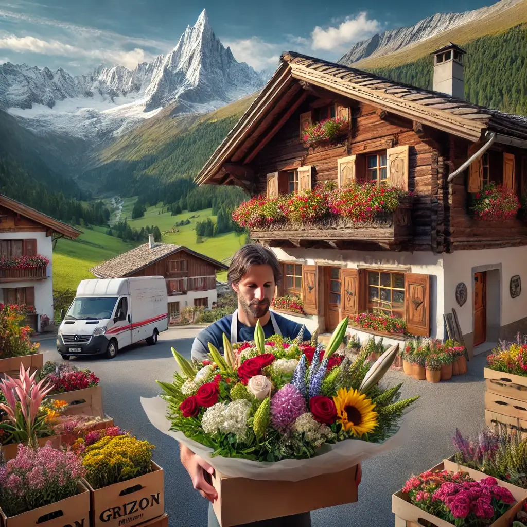 Blumenlieferung in Fidaz – Frischer Blumenstrauss wird vor einem Chalet mit Bergpanorama überreicht.