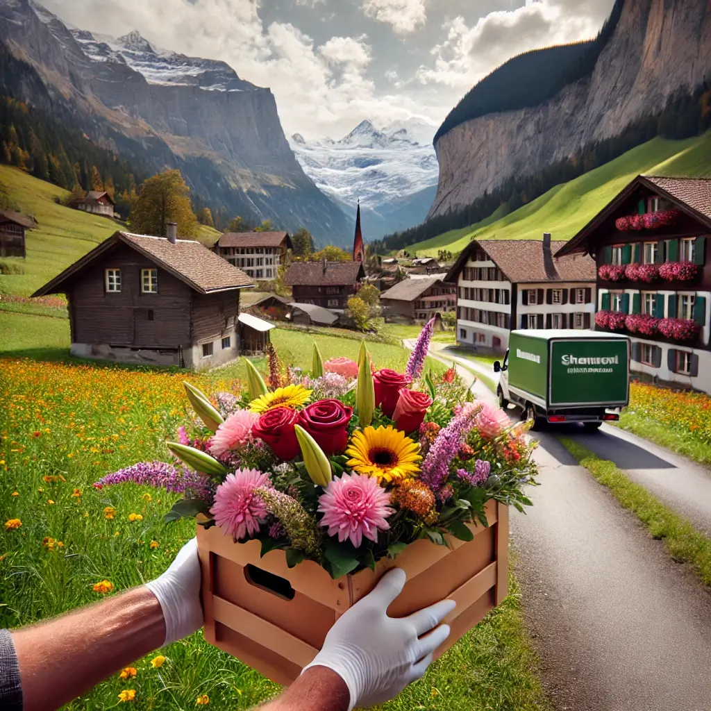 Blumenlieferung in Pagig – Florist übergibt frische Blumen vor den Bündner Alpen.