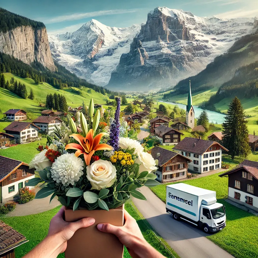 Blumenlieferung in Peist – Florist übergibt einen Blumenstrauss inmitten der malerischen Alpenlandschaft.