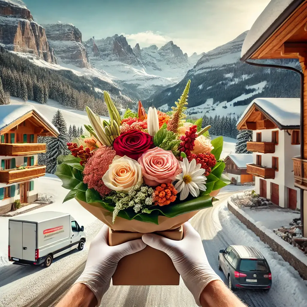 Blumenlieferung in Laax – Florist übergibt frische Blumen mit Alpenpanorama im Hintergrund.