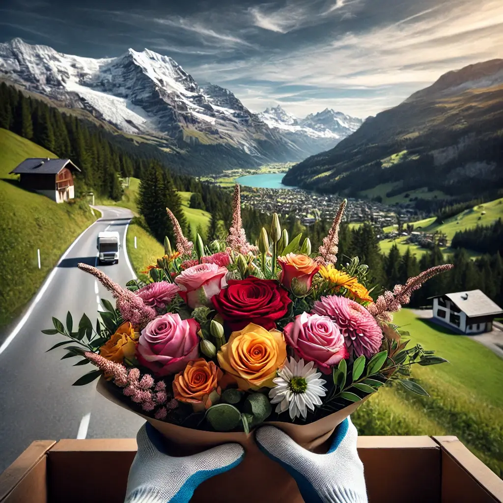 Blumenlieferung in Laax – Florist übergibt frische Blumen mit Blick auf die Bündner Alpen.
