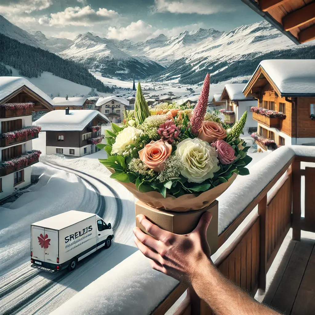 Blumenlieferung in Arosa – Florist übergibt frische Blumen mit Alpenkulisse im Hintergrund.