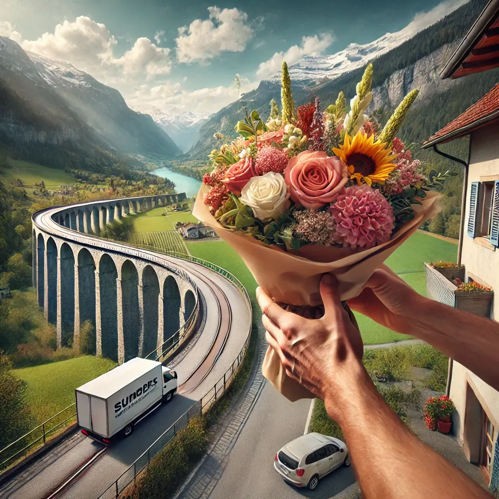 Blumenlieferung in Langwies – Florist übergibt frische Blumen mit Blick auf das Langwieser Viadukt.