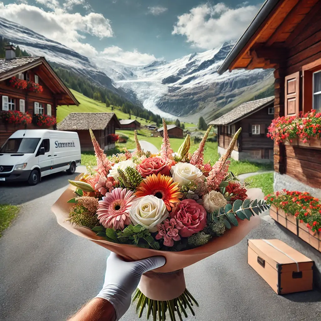 Blumenlieferung in Litzirüti – Florist übergibt Blumenstrauss mit alpiner Kulisse im Hintergrund.