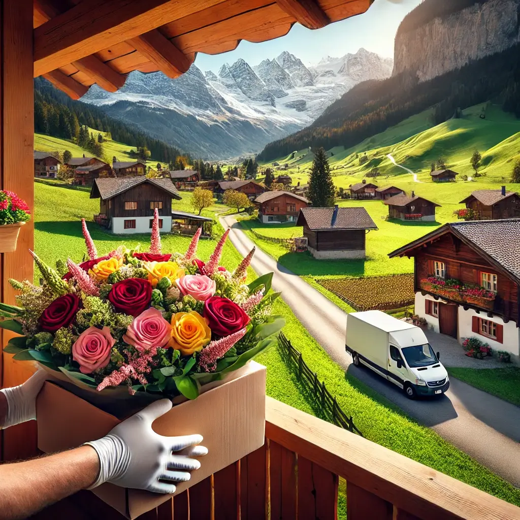 Blumenlieferung in Passugg-Araschgen – Florist übergibt frische Blumen mit Bergkulisse im Hintergrund.