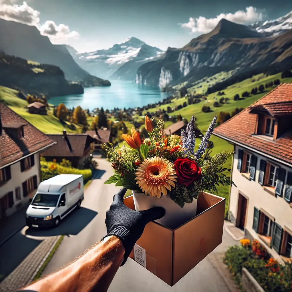 Blumenlieferung in Valbella – Florist übergibt Blumenstrauss mit Blick auf den Heidsee.