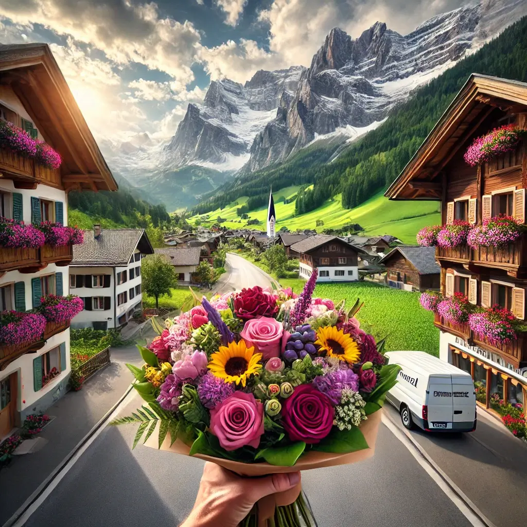 Blumenlieferung in Vaz/Obervaz – Florist übergibt frische Blumen mit Blick auf die Bündner Alpen.