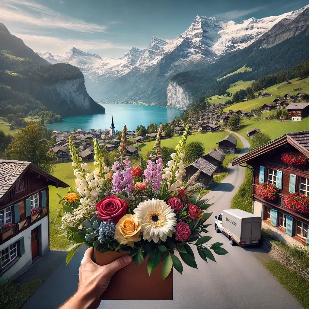 Blumenlieferung in Brienz/Brinzauls – Florist übergibt Blumenstrauss mit Blick auf die Bündner Alpen.