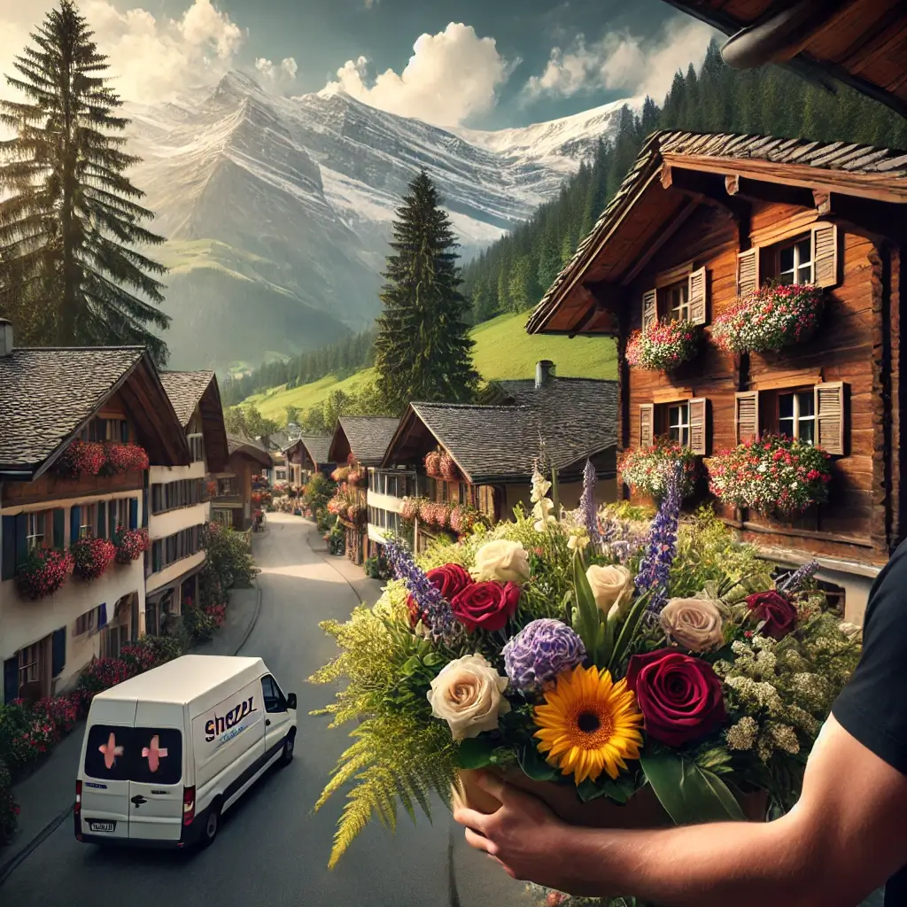 Blumenlieferung in Arezen – Florist übergibt frische Blumen mit Blick auf die Bündner Alpen.
