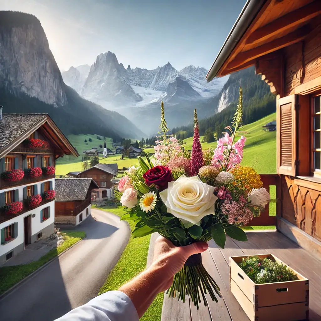 Blumenlieferung in Tenna – Florist übergibt frische Blumen mit Blick auf die Bündner Alpen.