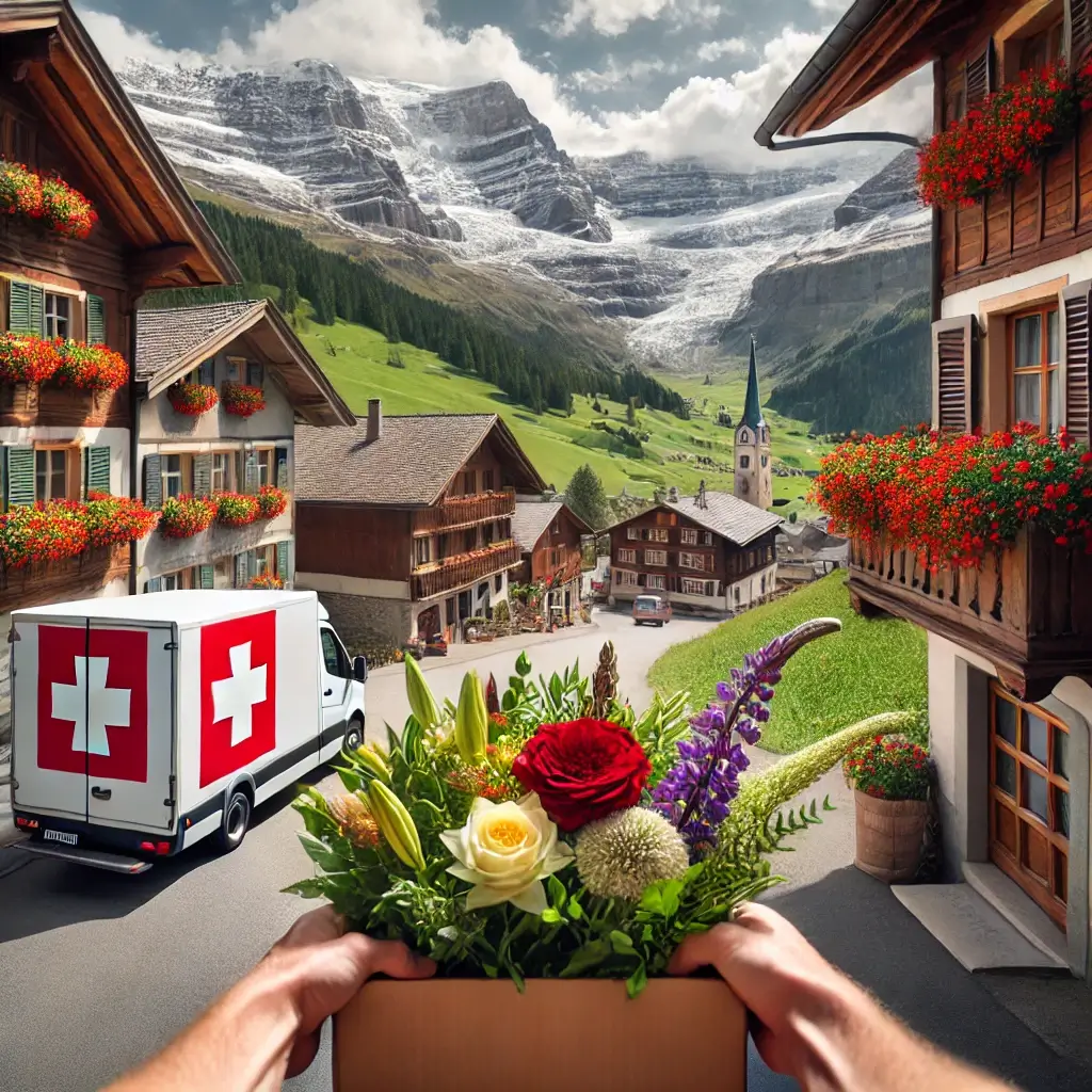 Blumenlieferung in Safien Platz – Florist übergibt frische Blumen mit Blick auf die Bündner Alpen.