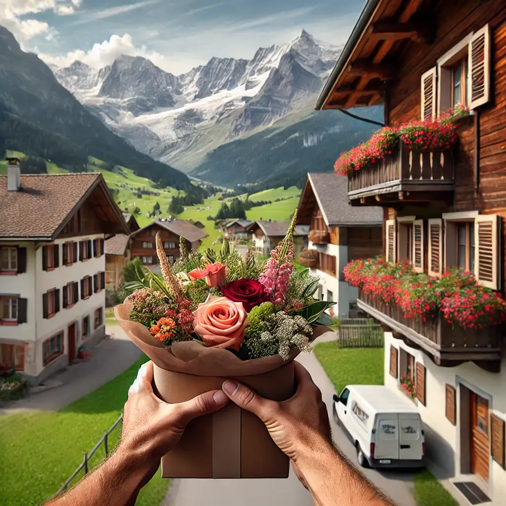 Blumenlieferung in Thalkirch – Florist übergibt frische Blumen mit Blick auf die Bündner Alpen.