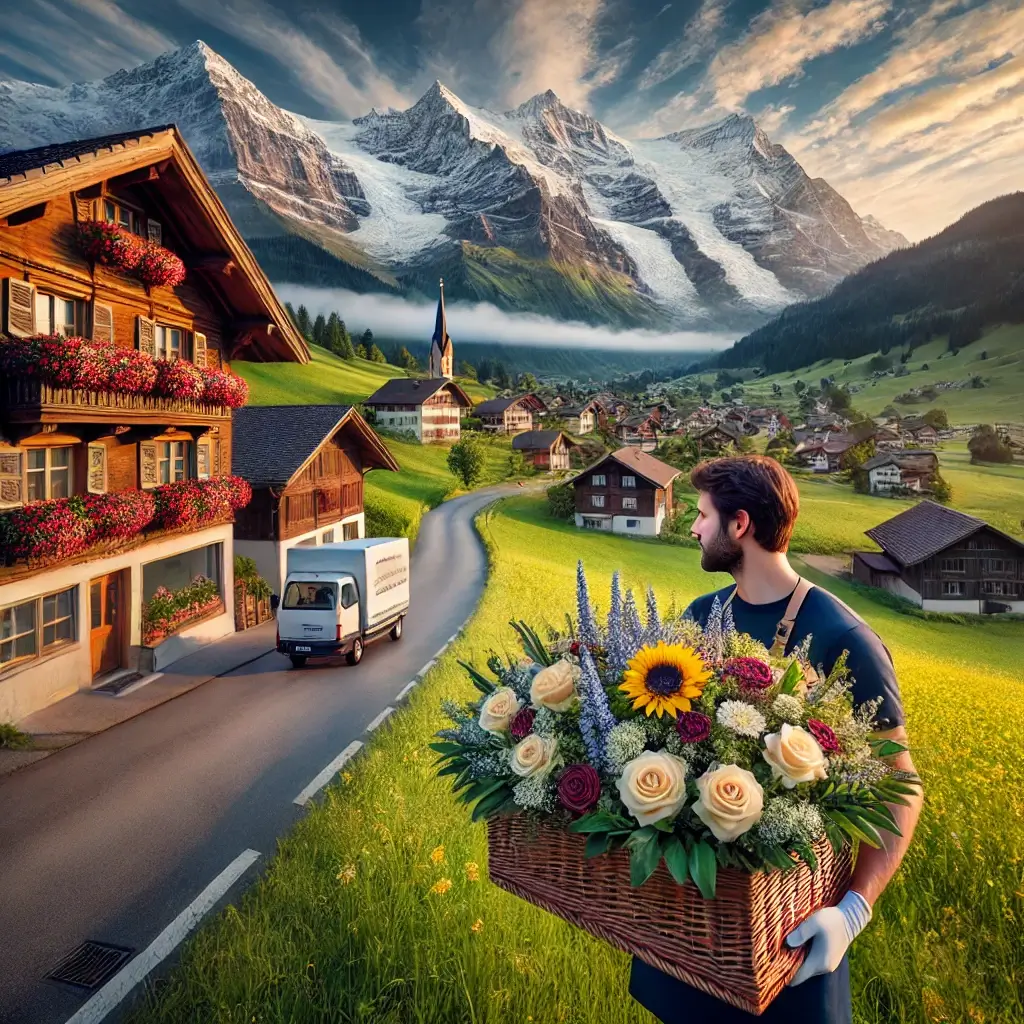 Blumenlieferung in Peiden – Florist übergibt frische Blumen mit Blick auf die Bündner Alpen.