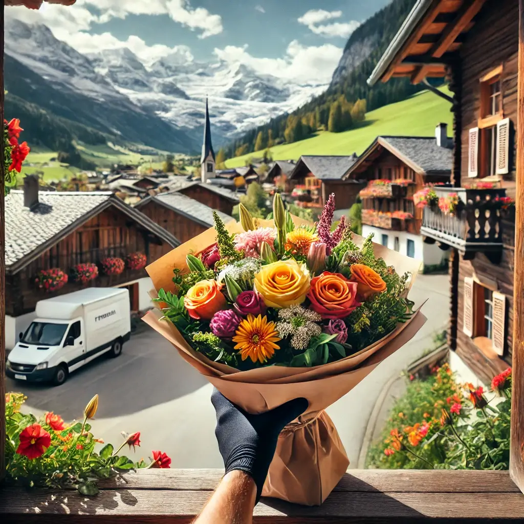 Blumenlieferung in Pitasch – Florist übergibt frische Blumen mit Blick auf die Bündner Alpen.