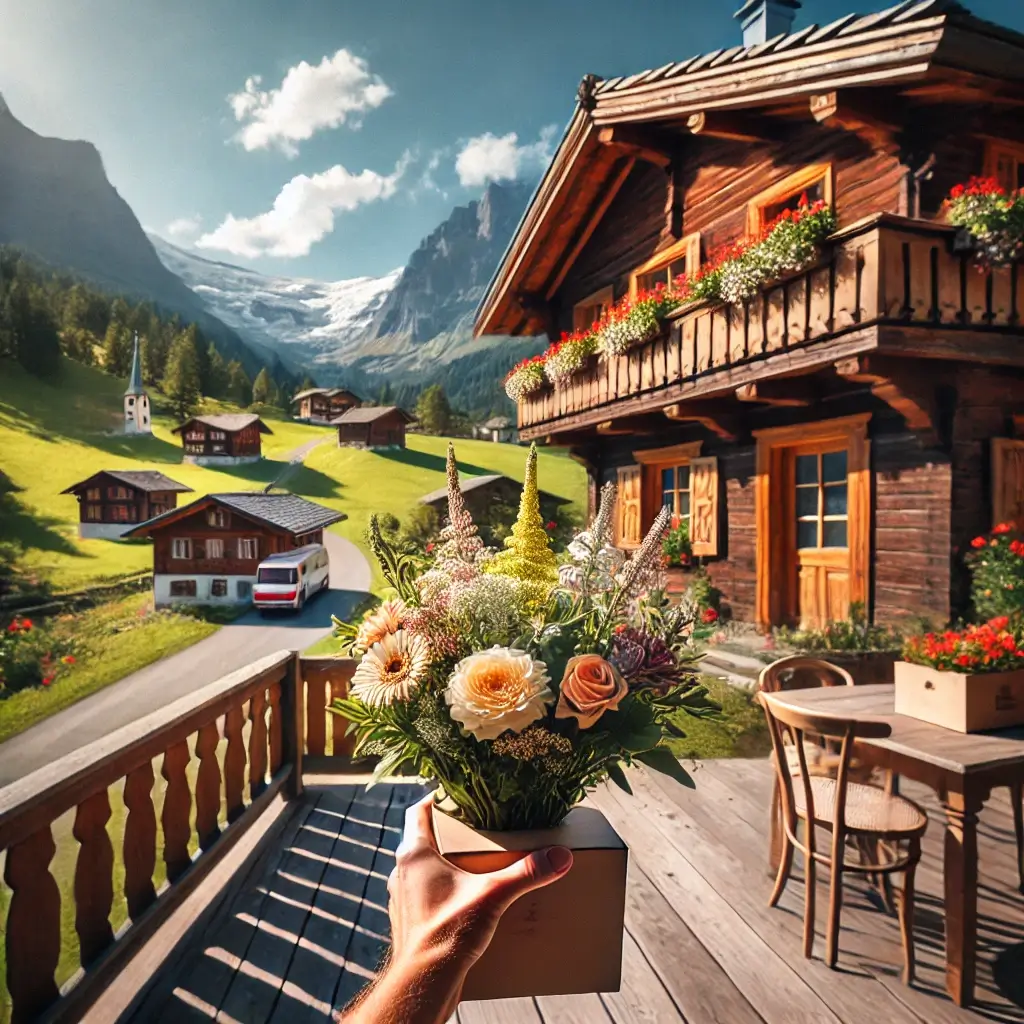 Blumenlieferung in Pitasch – Florist übergibt frische Blumen vor traditionellen Holzhäusern in alpiner Landschaft.