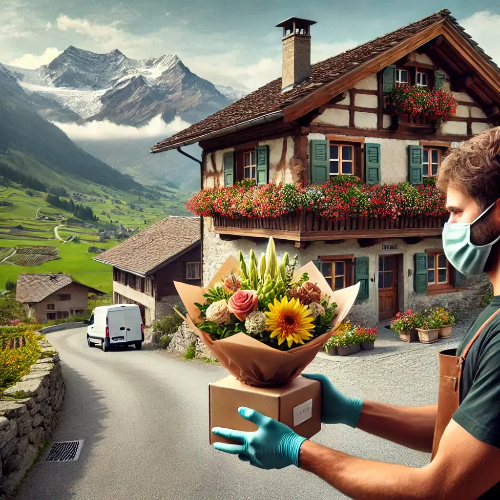 Blumenlieferung in Duvin – Florist übergibt Blumenstrauss vor traditionellem Haus mit Bündner Bergkulisse.
