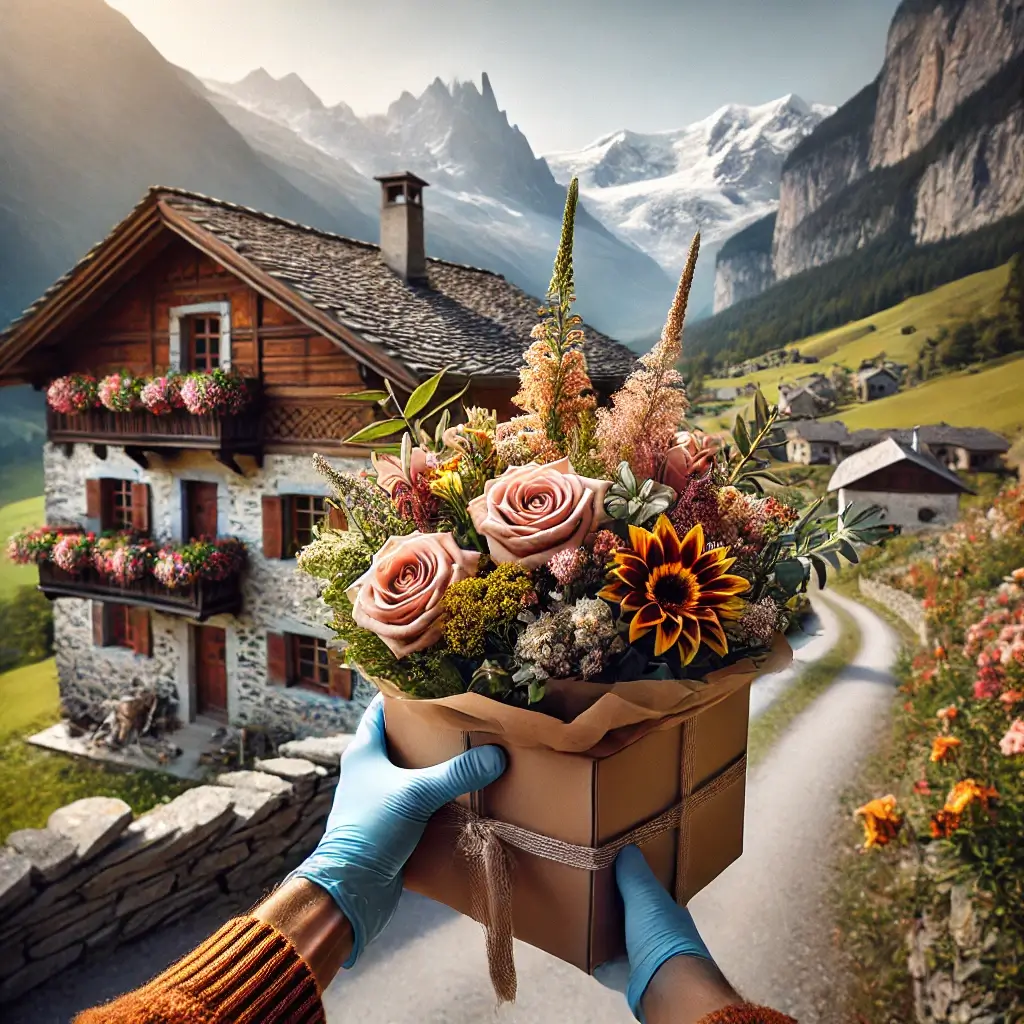 Blumenlieferung in Surcasti – Florist übergibt Blumenstrauss mit Blick auf das Val Lumnezia und traditionelle Bündner Architektur.
