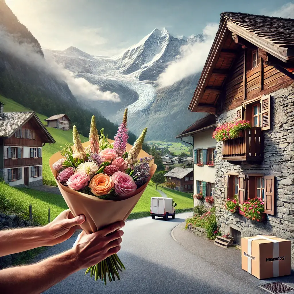 Blumenlieferung in Tersnaus – Florist übergibt frische Blumen vor Bündner Haus mit Blick ins Val Lumnezia.