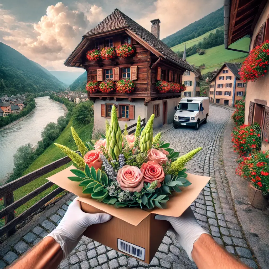 Blumenlieferung in Valendas – Florist übergibt frische Blumen vor historischem Haus mit Aussicht auf die Rheinschlucht.