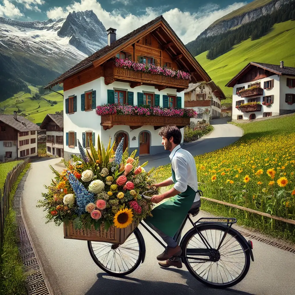 Blumenlieferung in Carrera – Florist übergibt frische Blumen vor Bündner Haus mit alpiner Landschaft.
