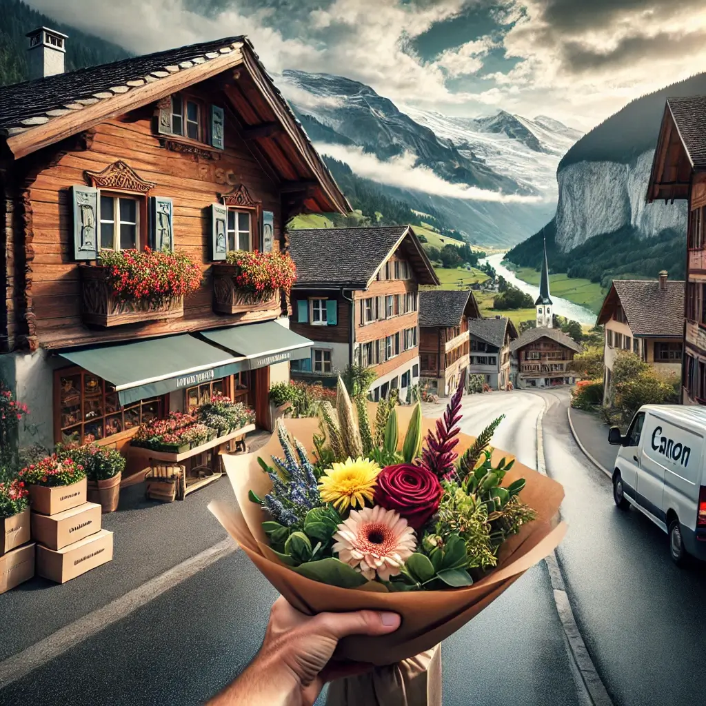 Blumenlieferung in Castrisch – Florist übergibt frische Blumen vor Bündner Haus mit Ausblick auf das Surselva-Tal.