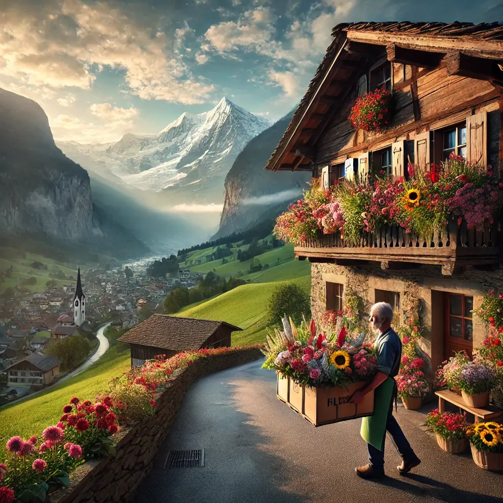 Blumenlieferung in Sevgein – Florist übergibt frische Blumen vor traditionellem Haus mit Aussicht auf die Surselva.