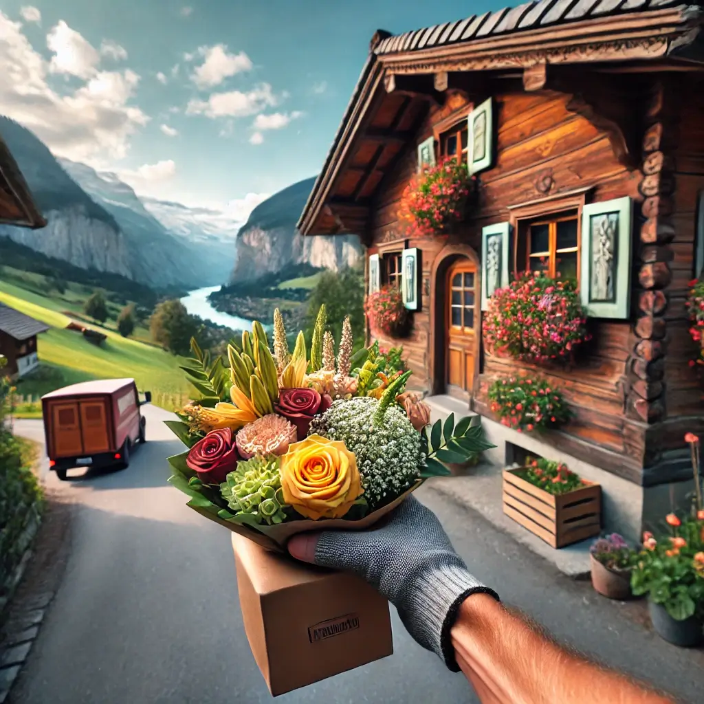 Blumenlieferung in Riein – Florist übergibt frische Blumen vor Bündner Haus mit Aussicht über das Rheintal.