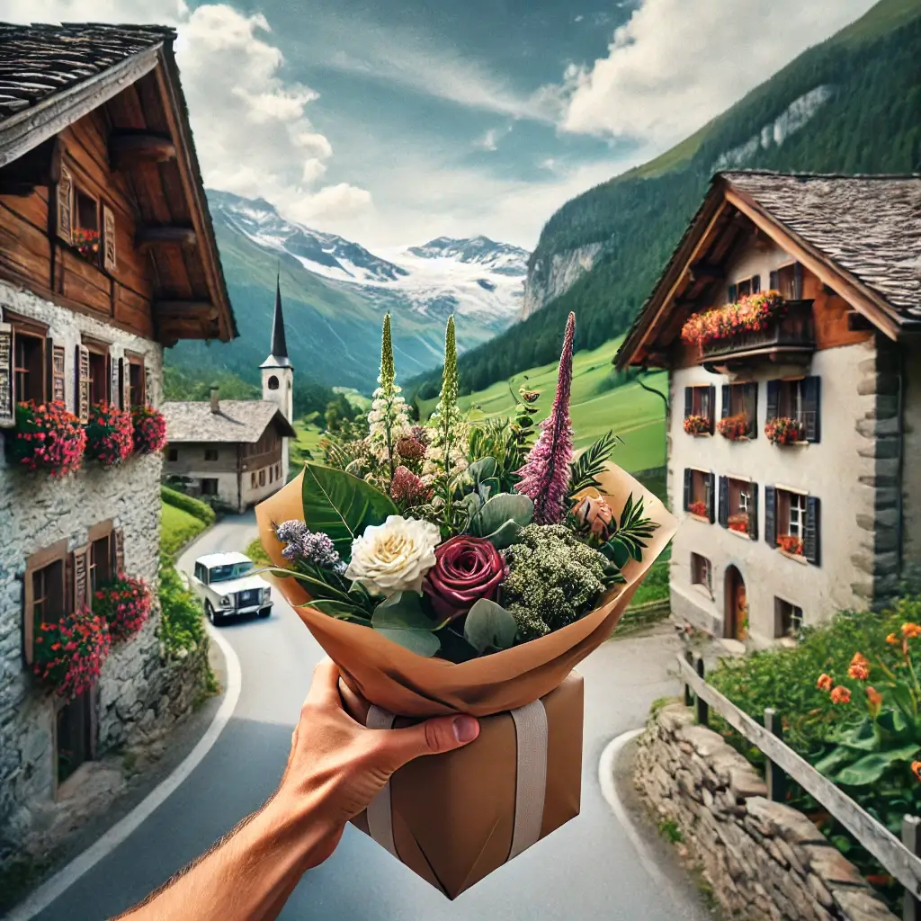 Blumenlieferung in Vals – Florist übergibt frische Blumen vor Bündner Haus mit Bergpanorama im Hintergrund.