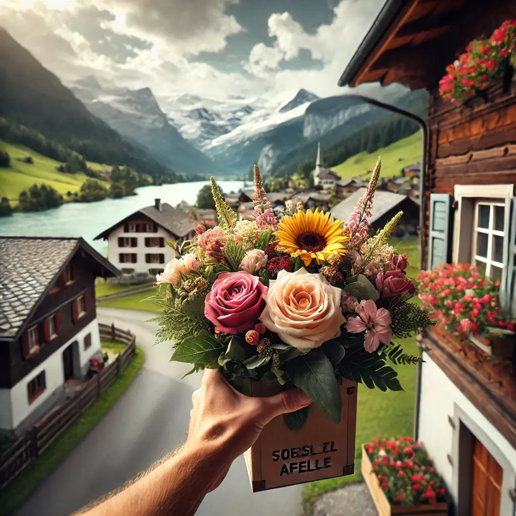 Blumenlieferung in Obersaxen Affeier – Florist übergibt frische Blumen vor traditionellem Haus mit Blick auf das Vorderrheintal.