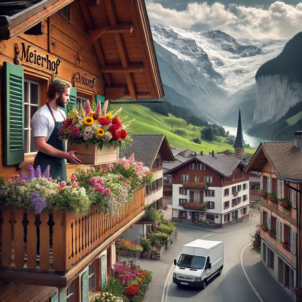 Blumenlieferung in Obersaxen Meierhof – Florist übergibt frische Blumen vor Walserhaus mit Talblick.