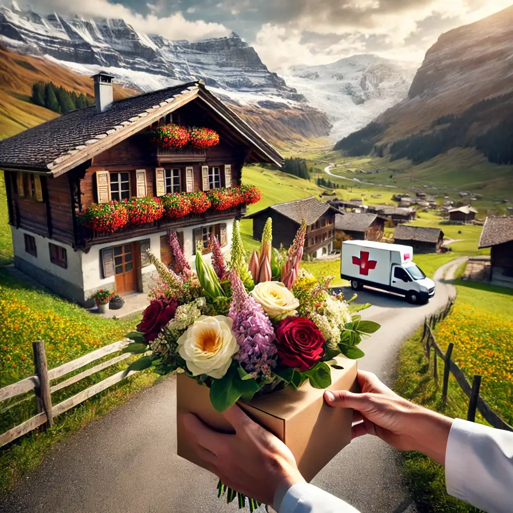 Blumenlieferung in Obersaxen Giraniga – Florist übergibt frische Blumen vor Walserhaus mit Blick ins Vorderrheintal.