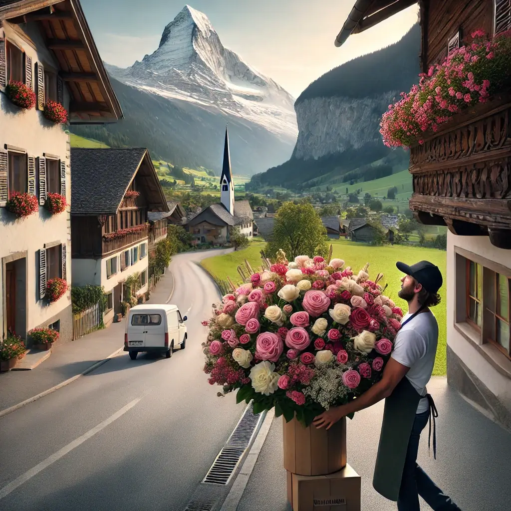 Blumenlieferung in Obersaxen Friggahüs – Florist übergibt frische Blumen vor Walserhaus mit Blick über das Tal der Surselva.