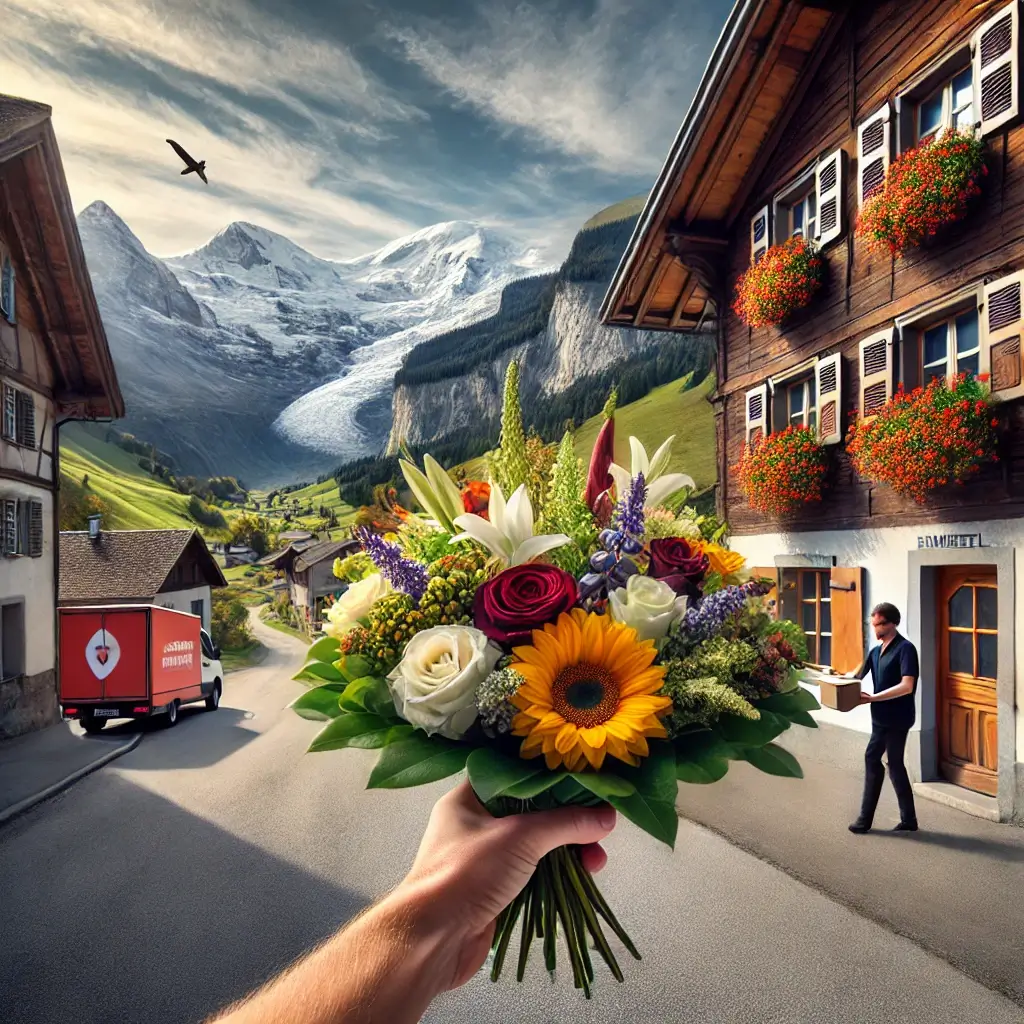 Blumenlieferung in Cumbel – Florist übergibt frische Blumen vor Bündner Haus mit Aussicht auf das Lumnezia-Tal.