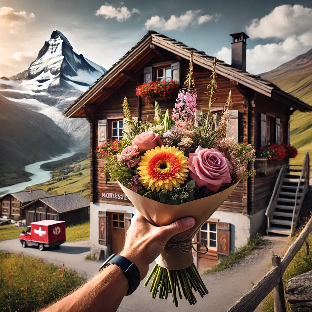 Blumenlieferung in Morissen – Florist übergibt frische Blumen vor Bündner Haus mit Aussicht über die Val Lumnezia.