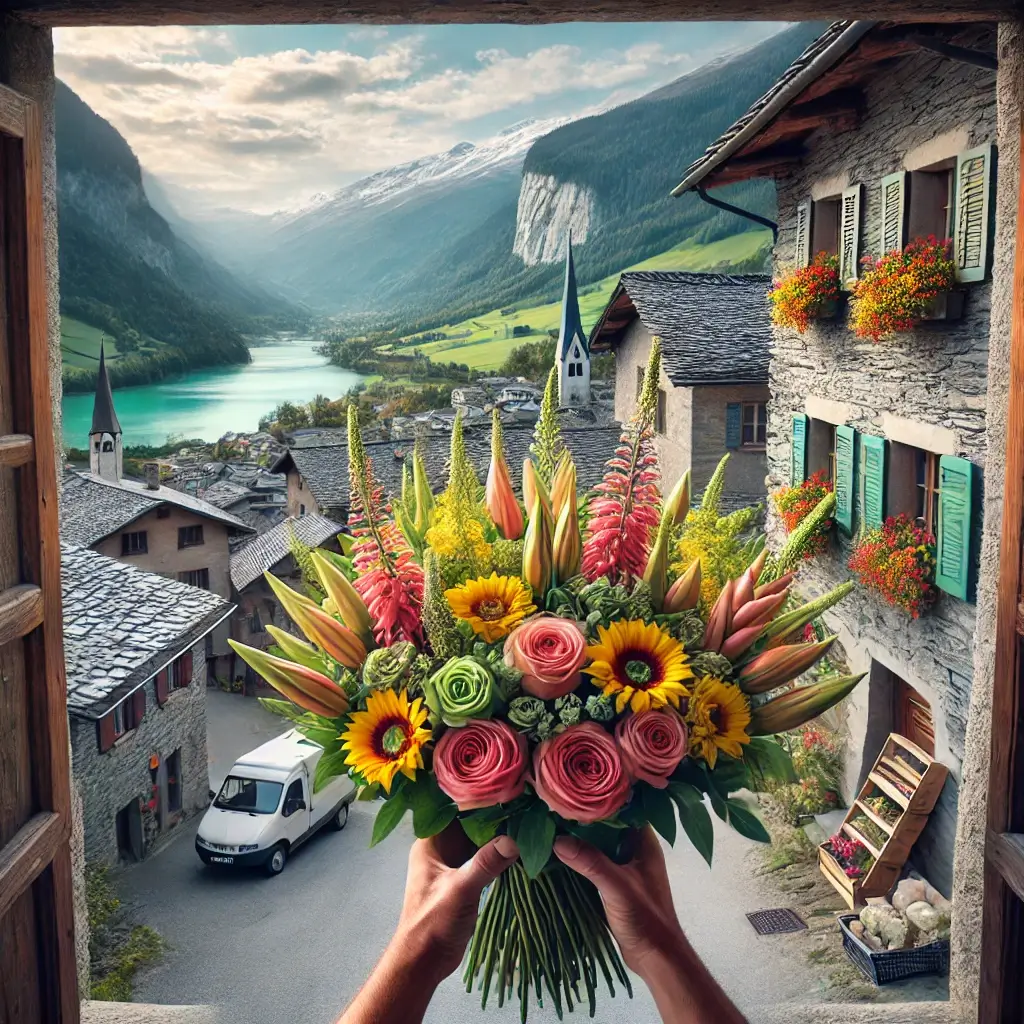 Blumenlieferung in Vella – Florist übergibt frische Blumen vor Bündner Haus mit Aussicht über das Val Lumnezia.