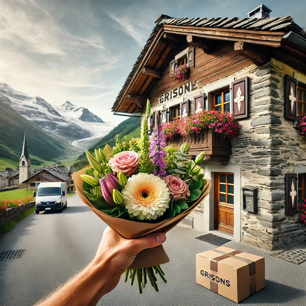 Blumenlieferung in Degen – Florist übergibt frische Blumen vor traditionellem Haus mit Blick auf die Bündner Alpen.