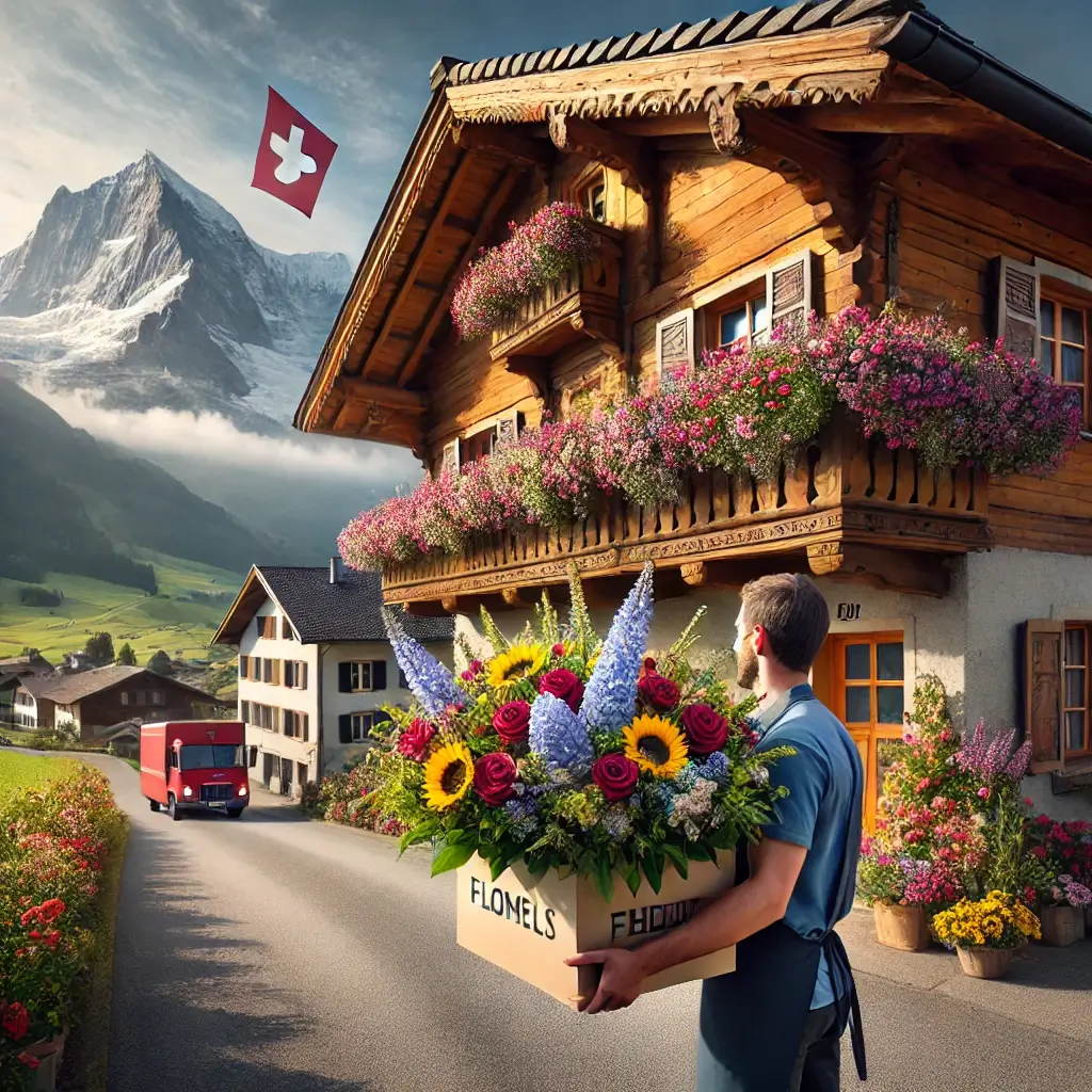 Blumenlieferung in Vattiz – Florist übergibt frische Blumen vor Bündner Haus mit Blick auf die Berge.