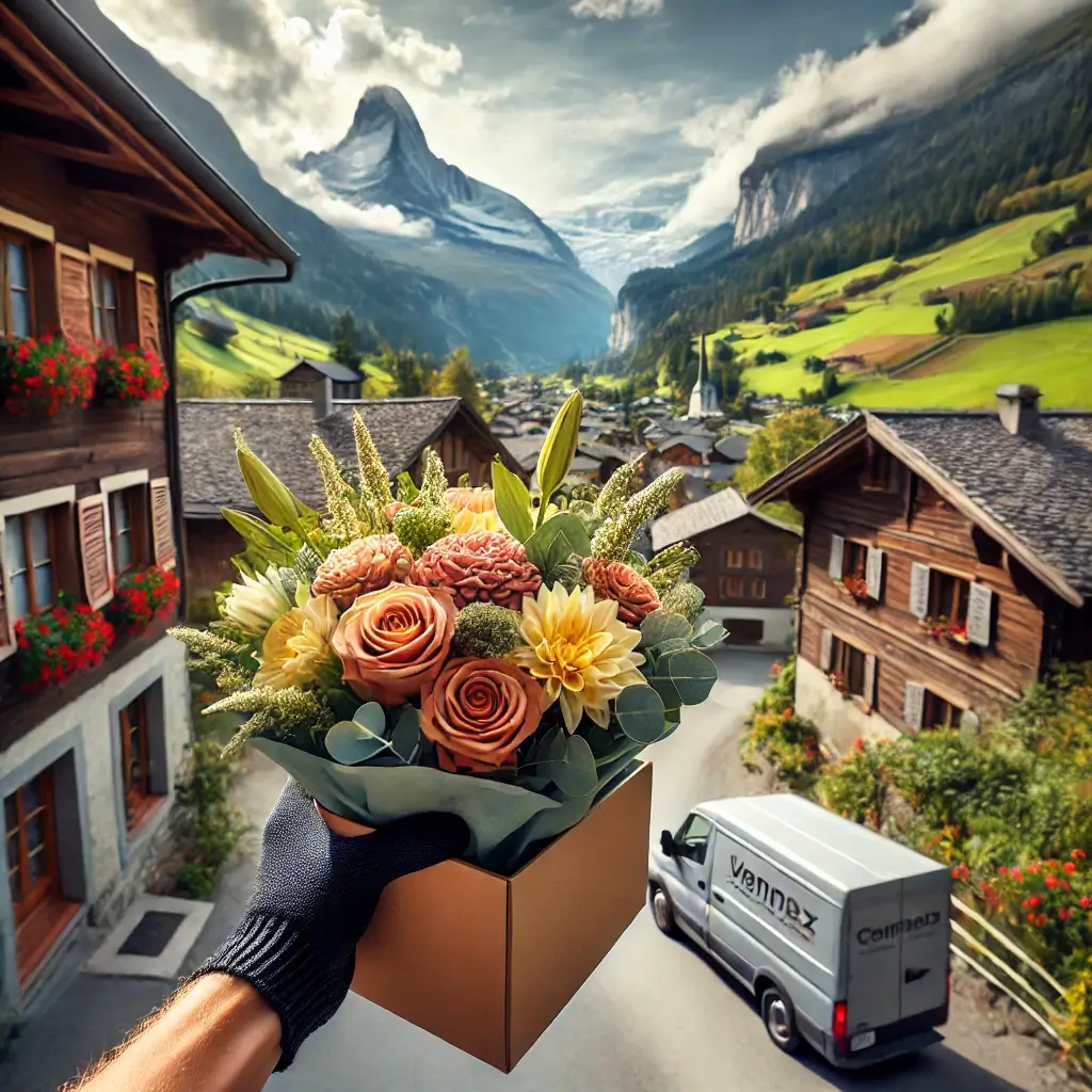 Blumenlieferung in Vignogn – Florist übergibt frische Blumen vor Bündner Haus mit Aussicht auf das Val Lumnezia.