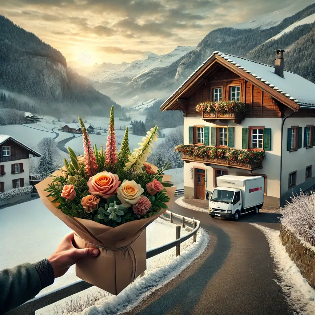 Blumenlieferung in Surin – Florist übergibt frische Blumen vor Bündner Haus mit Blick auf die Surselva.