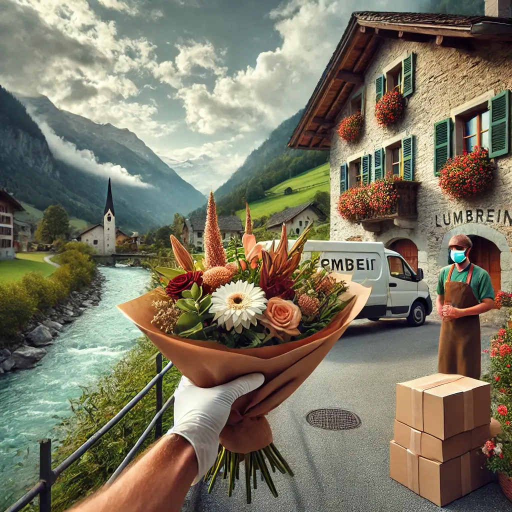 Blumenlieferung in Lumbrein – Florist übergibt frische Blumen vor traditionellem Bündner Haus mit Blick auf das Vorderrheintal.