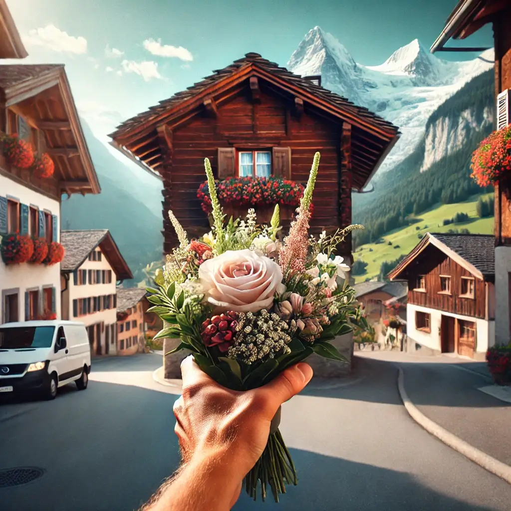Blumenlieferung in Vrin – Florist übergibt frische Blumen vor traditionellem Walserhaus mit Blick auf die Bündner Alpen.
