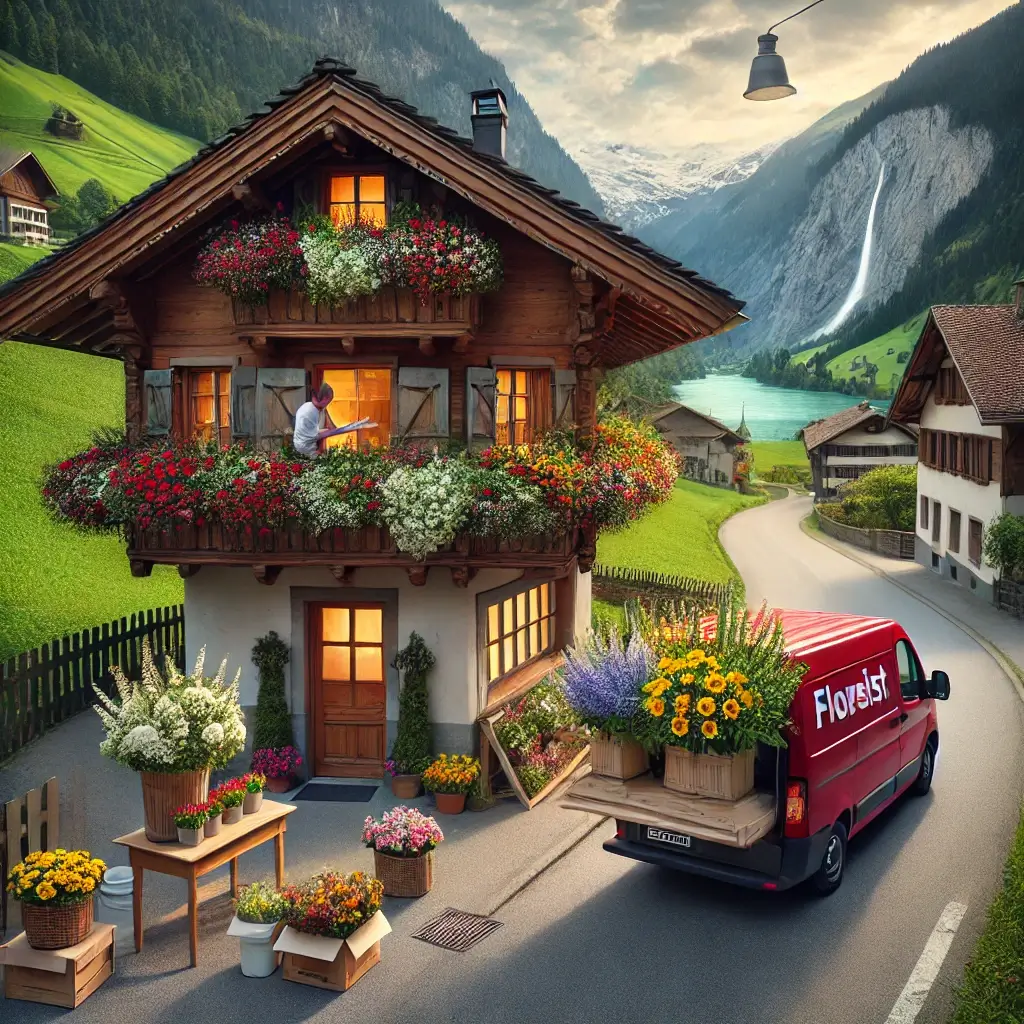 Blumenlieferung in Sagogn – Florist übergibt frische Blumen vor Bündner Haus mit Blick auf das Rheintal.