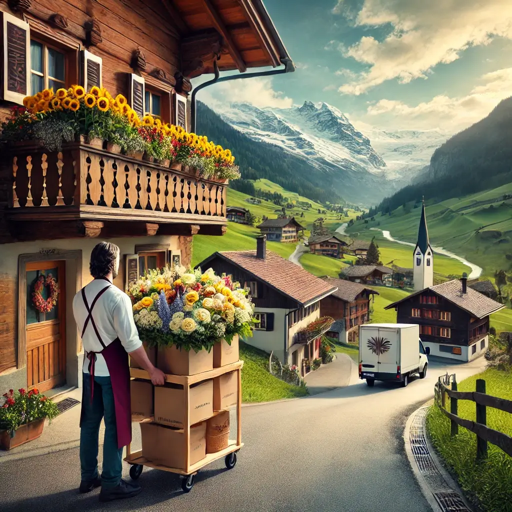 Blumenlieferung in Falera – Florist übergibt frische Blumen vor Bündner Haus mit Blick über das Rheintal.