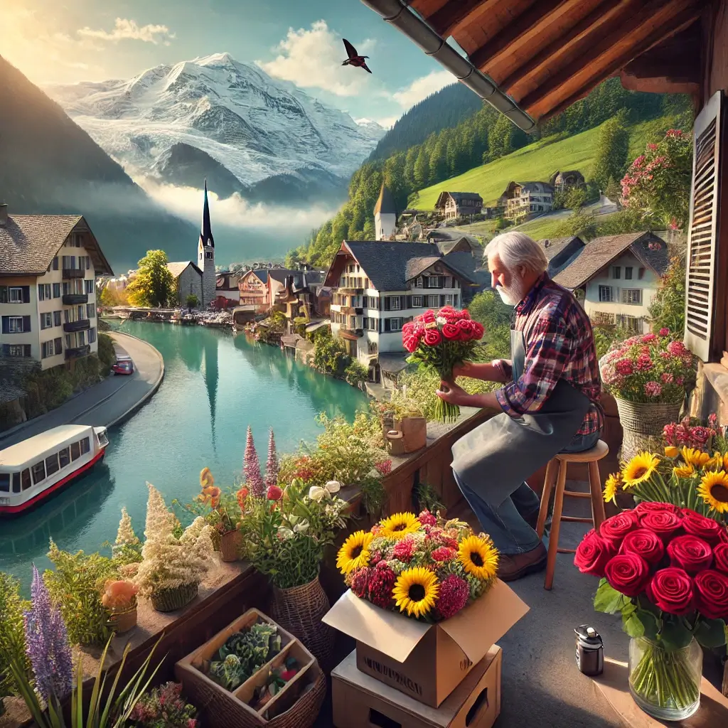 Blumenlieferung in Ruschein – Florist übergibt frische Blumen vor Bündner Haus mit Aussicht über das Rheintal.