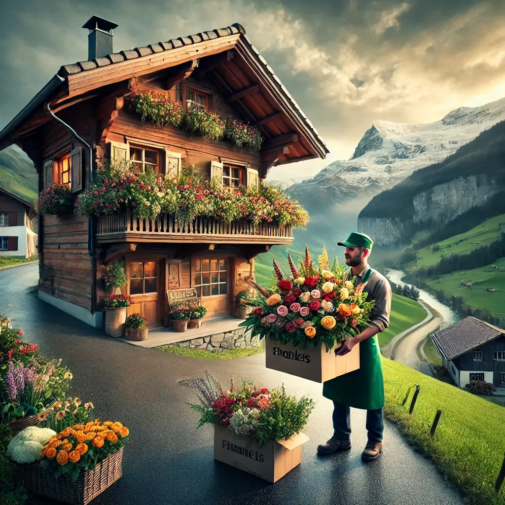 Blumenlieferung in Ladir – Florist übergibt frische Blumen vor Bündner Haus mit Aussicht auf das Rheintal.