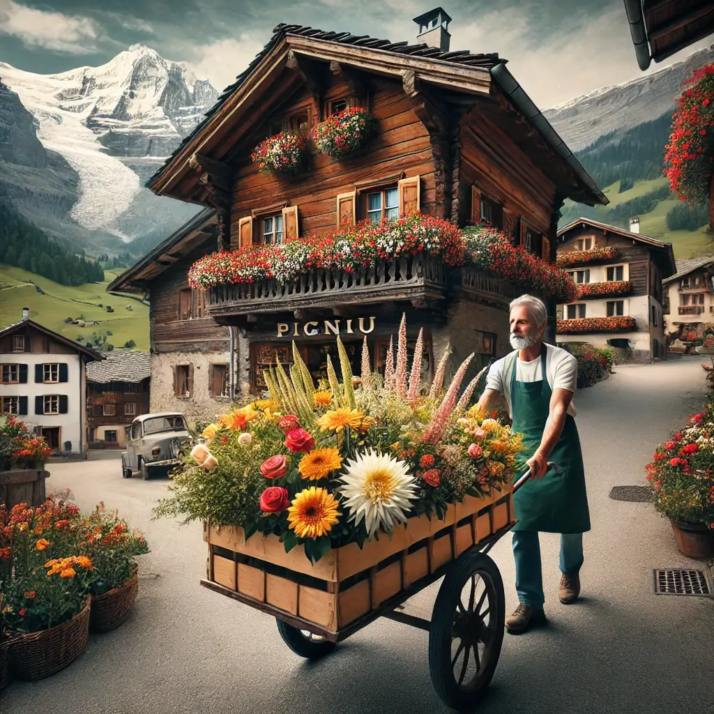 Blumenlieferung in Pigniu – Florist übergibt frische Blumen vor Bündner Haus mit alpinem Bergblick.