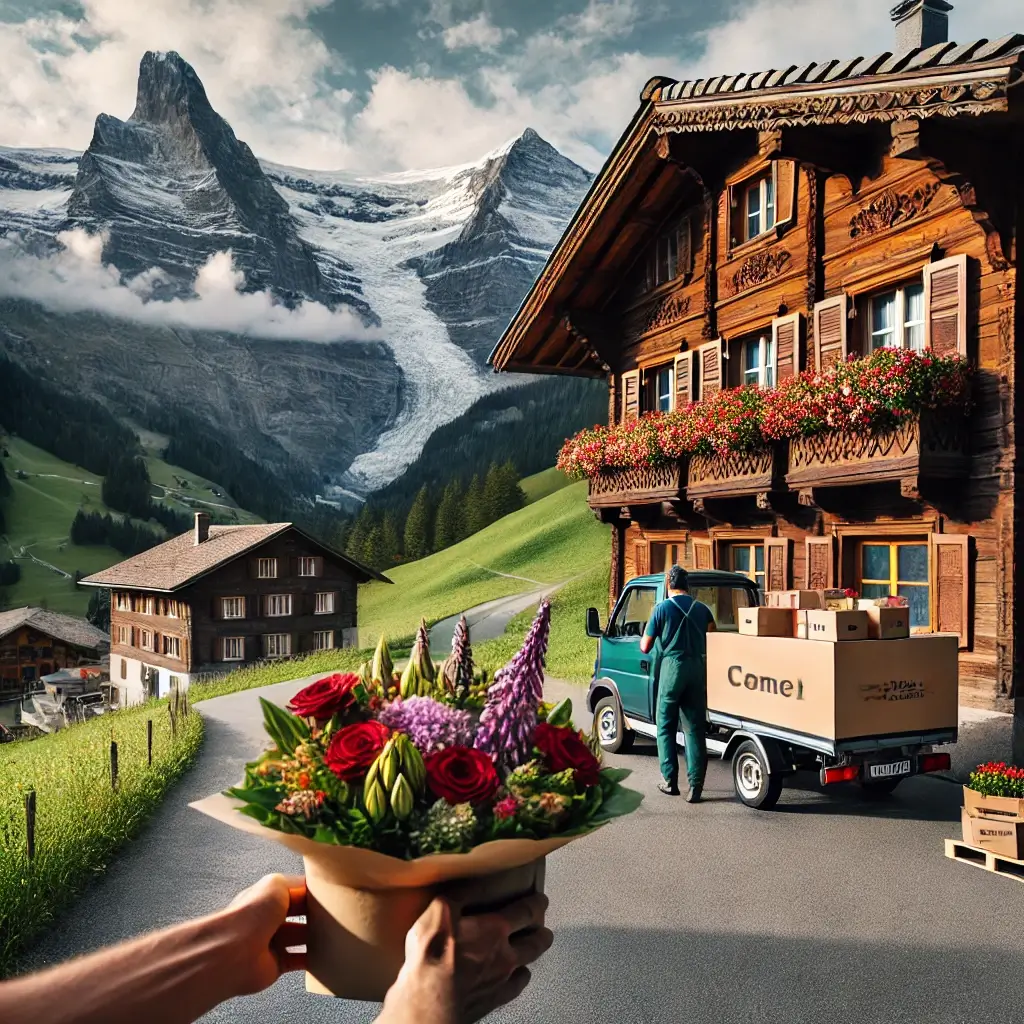 Blumenlieferung in Siat – Florist übergibt frische Blumen vor traditionellem Bündner Haus mit Blick auf das Vorderrheintal.