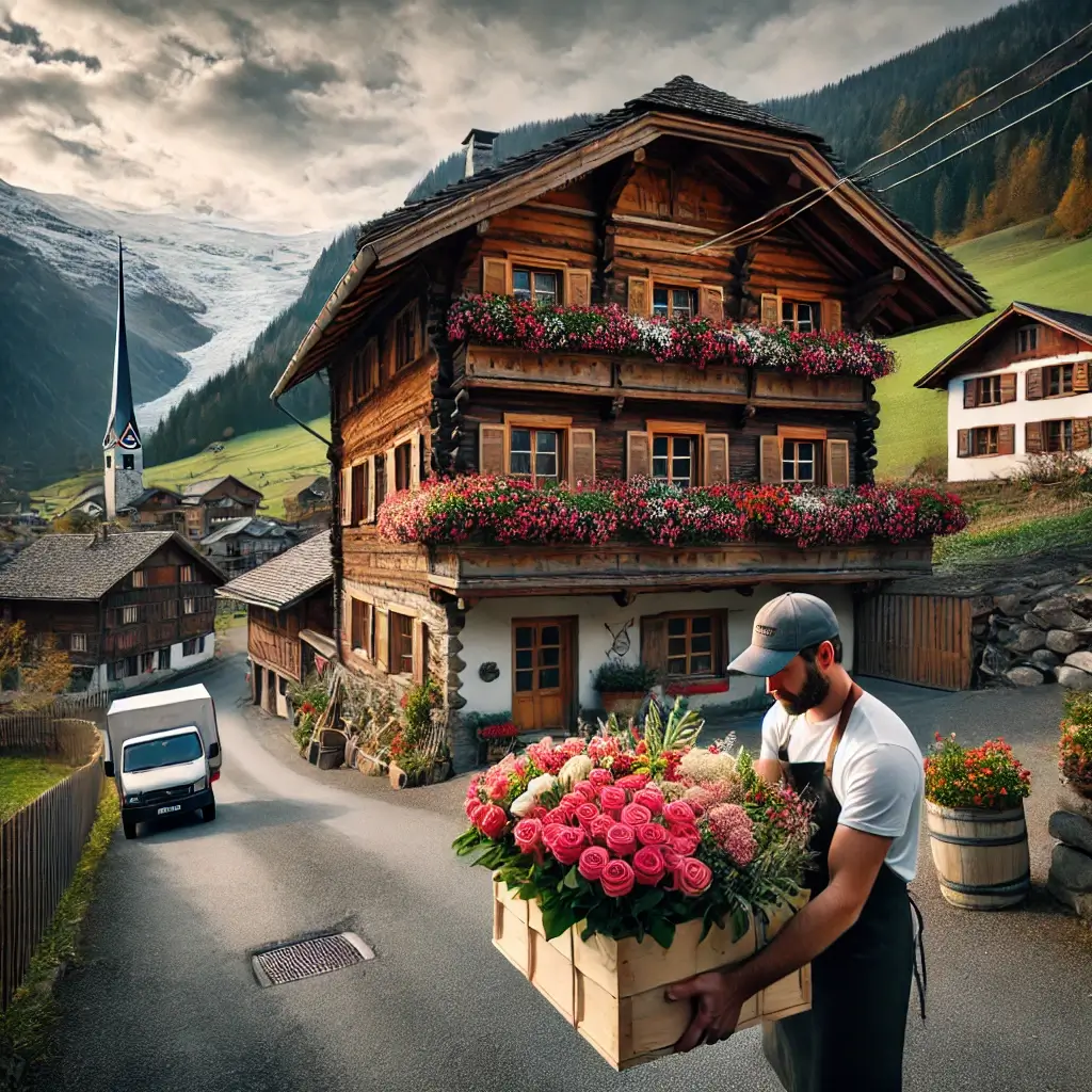 Blumenlieferung in Waltensburg/Vuorz – Florist übergibt frische Blumen vor traditionellem Bündner Haus mit Aussicht auf das Rheintal.