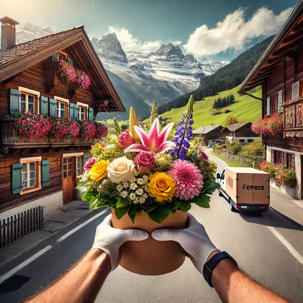 Blumenlieferung in Andiast – Florist übergibt frische Blumen vor traditionellem Bündner Haus mit Blick auf die Alpen.